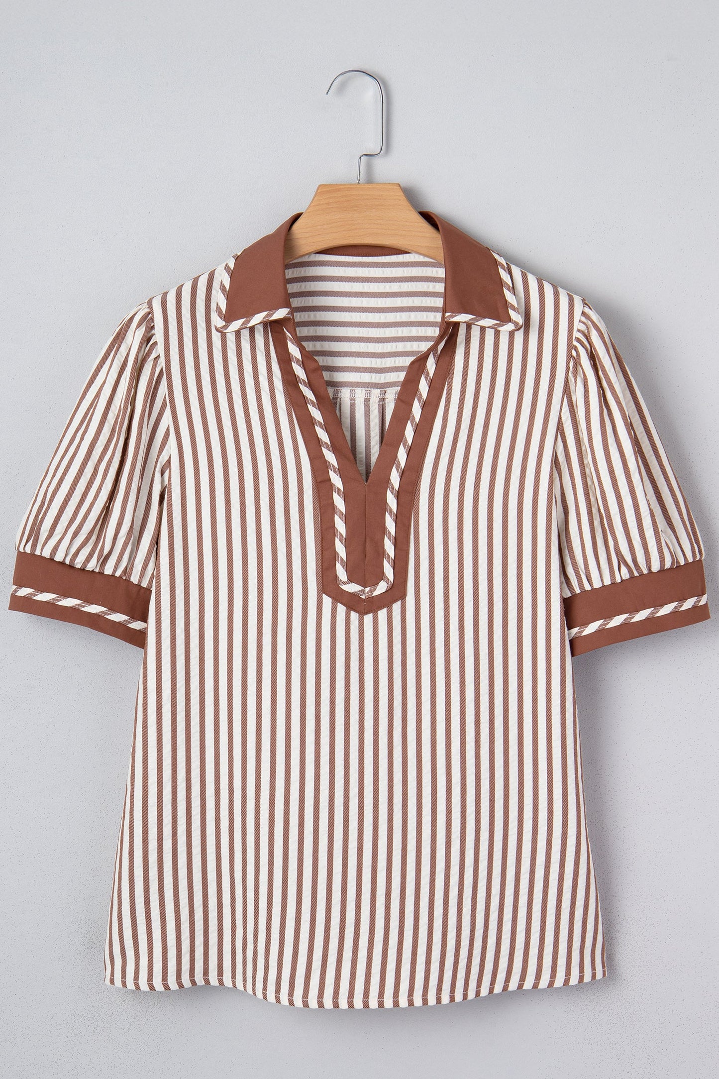 Stripe Collar Split Neck Bubble Sleeve Blouse