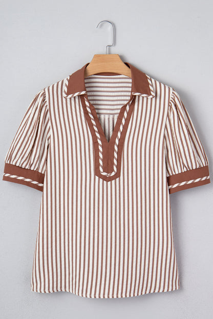 Stripe Collar Split Neck Bubble Sleeve Blouse