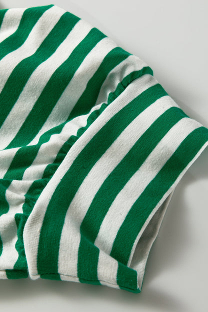Stripe Collar V-Neck Short Puff Sleeve Top