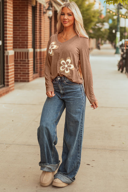 Floral Patchwork V-Neck Long Sleeve Top