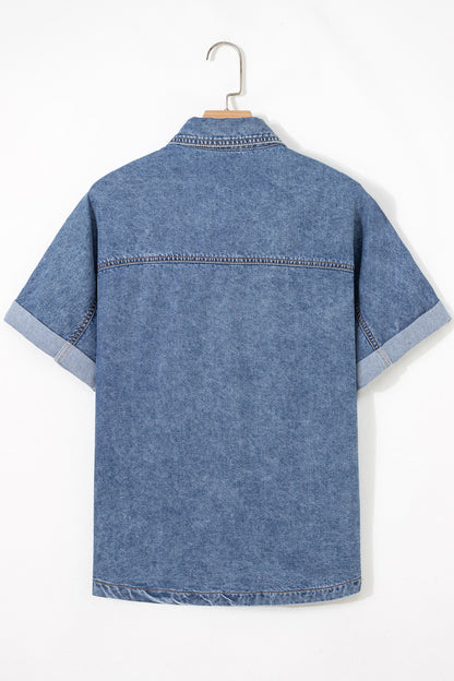 Button Flap Pocket Cuffed Short Sleeve Denim Shirt