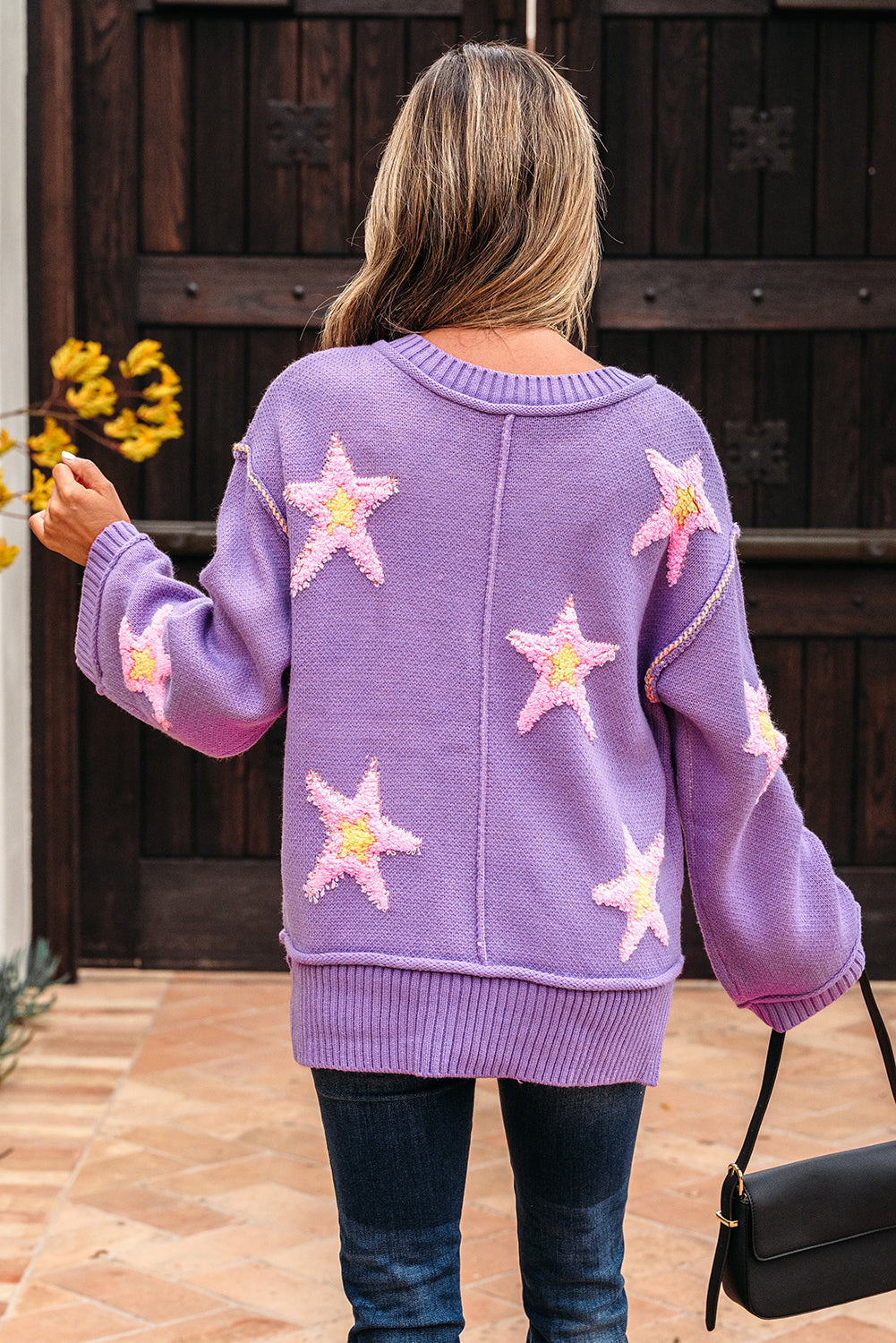 Star Graphic V-Neck Drop Shoulder Oversized Sweater