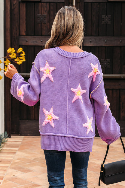 Star Graphic V-Neck Drop Shoulder Oversized Sweater