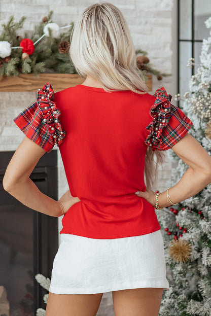 Plaid Patchwork Pearl Ruffle Sleeve T-Shirt