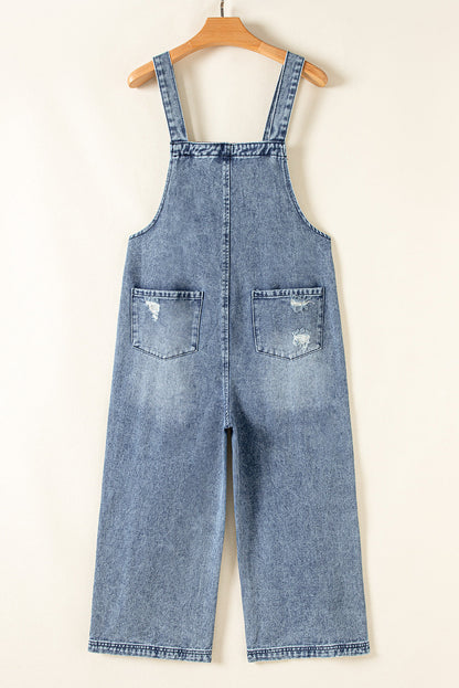 Solid Denim Distressed Bib Pocket Wide Leg Overall