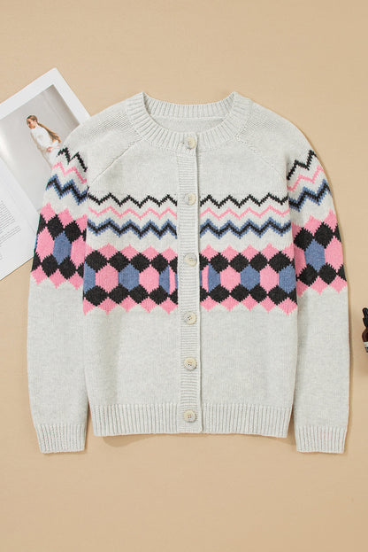 Stripe Geometric Button-Up Sweater Cardigan