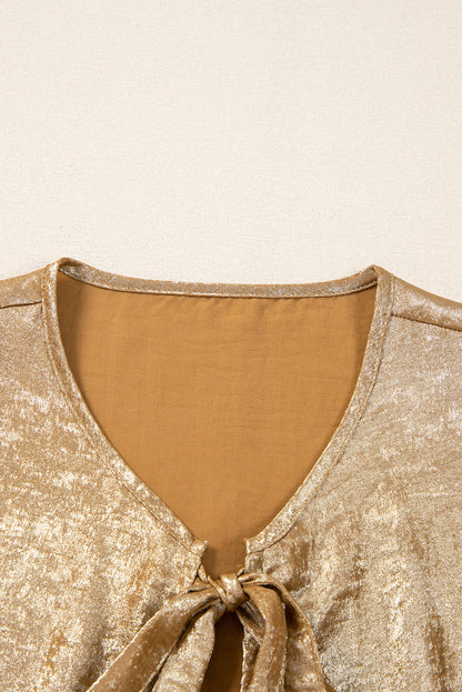 Bow Tie Front Puff Sleeve Ruffle Hem Blouse