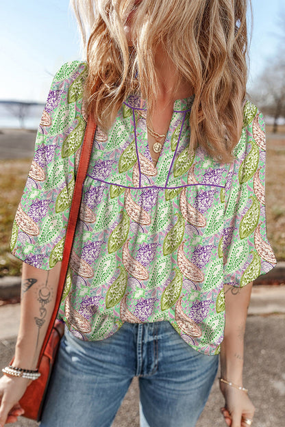 Boho Paisley Half Puff Sleeve Blouse