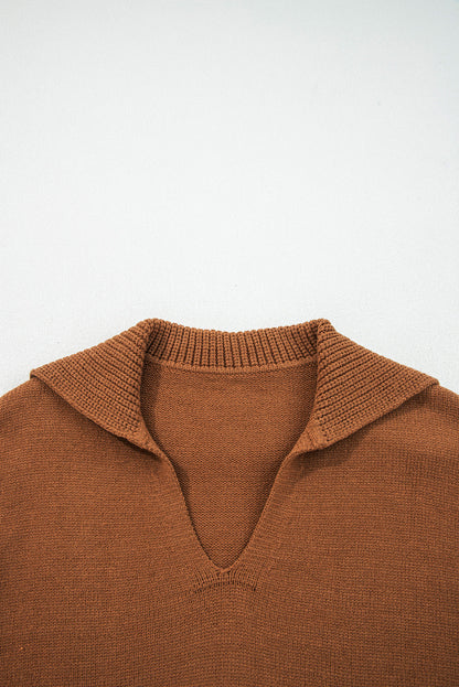 Solid Collared V-Neck Ribbed Edge Sweater