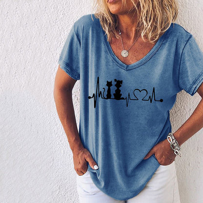 Cross-Border 3D Printed Loose V-Neck T-shirt for Women