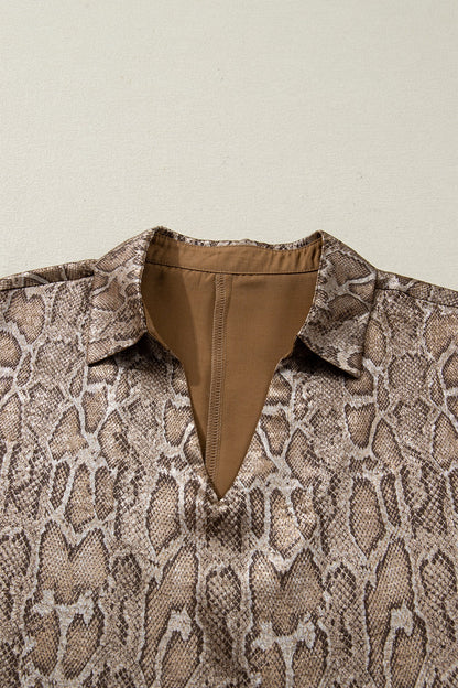 Leopard Metallic Polo Collar V-Neck Blouse