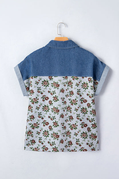 Floral Retro Denim Patchwork Button Collar Top