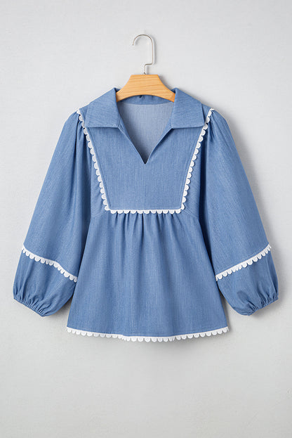 Solid Lace Ric-Rac 3/4 Sleeve Babydoll Blouse