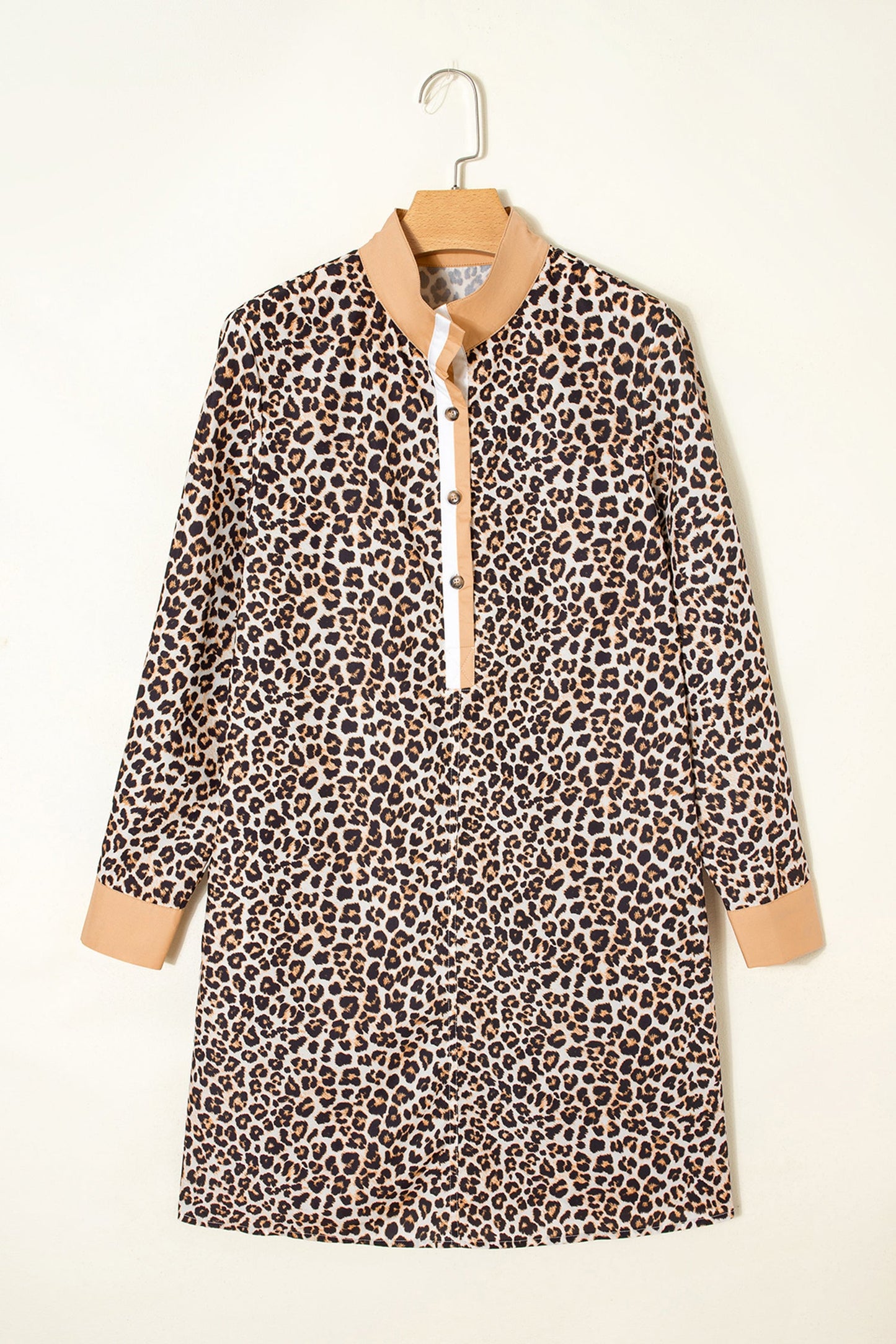 Button Stripe Collar Leopard Flared Dress