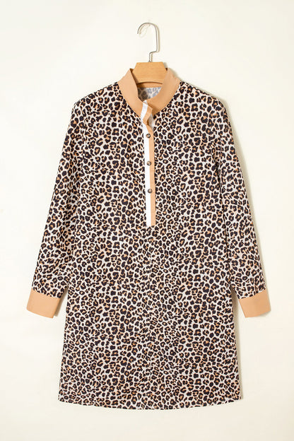 Button Stripe Collar Leopard Flared Dress