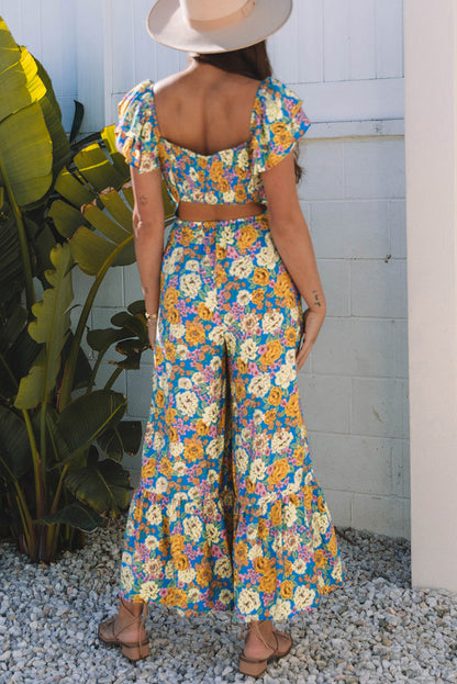 Floral Allover Shirred Cut Out Jumpsuit