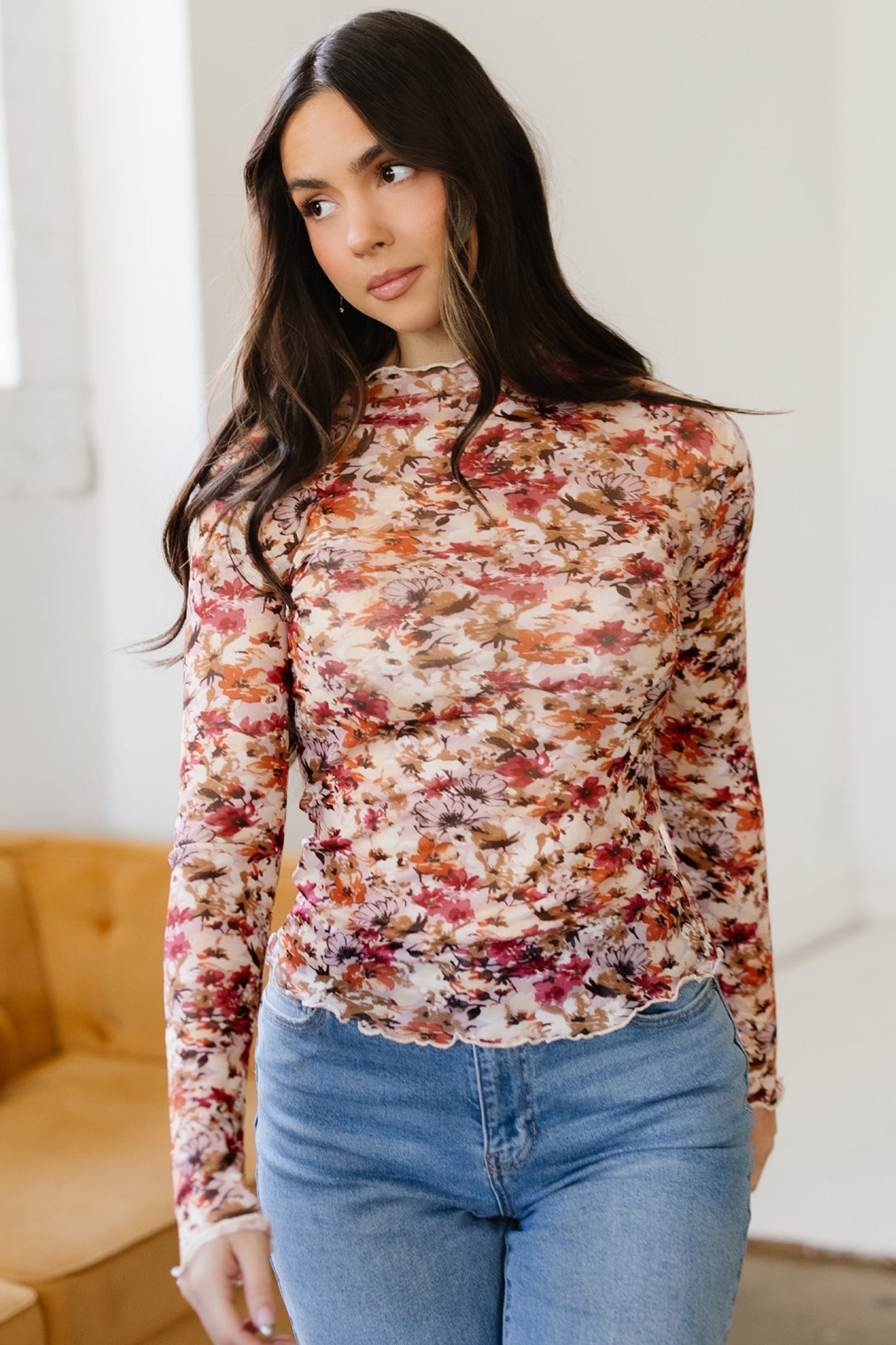 Floral Mesh Lettuce Trim Long Sleeve Top