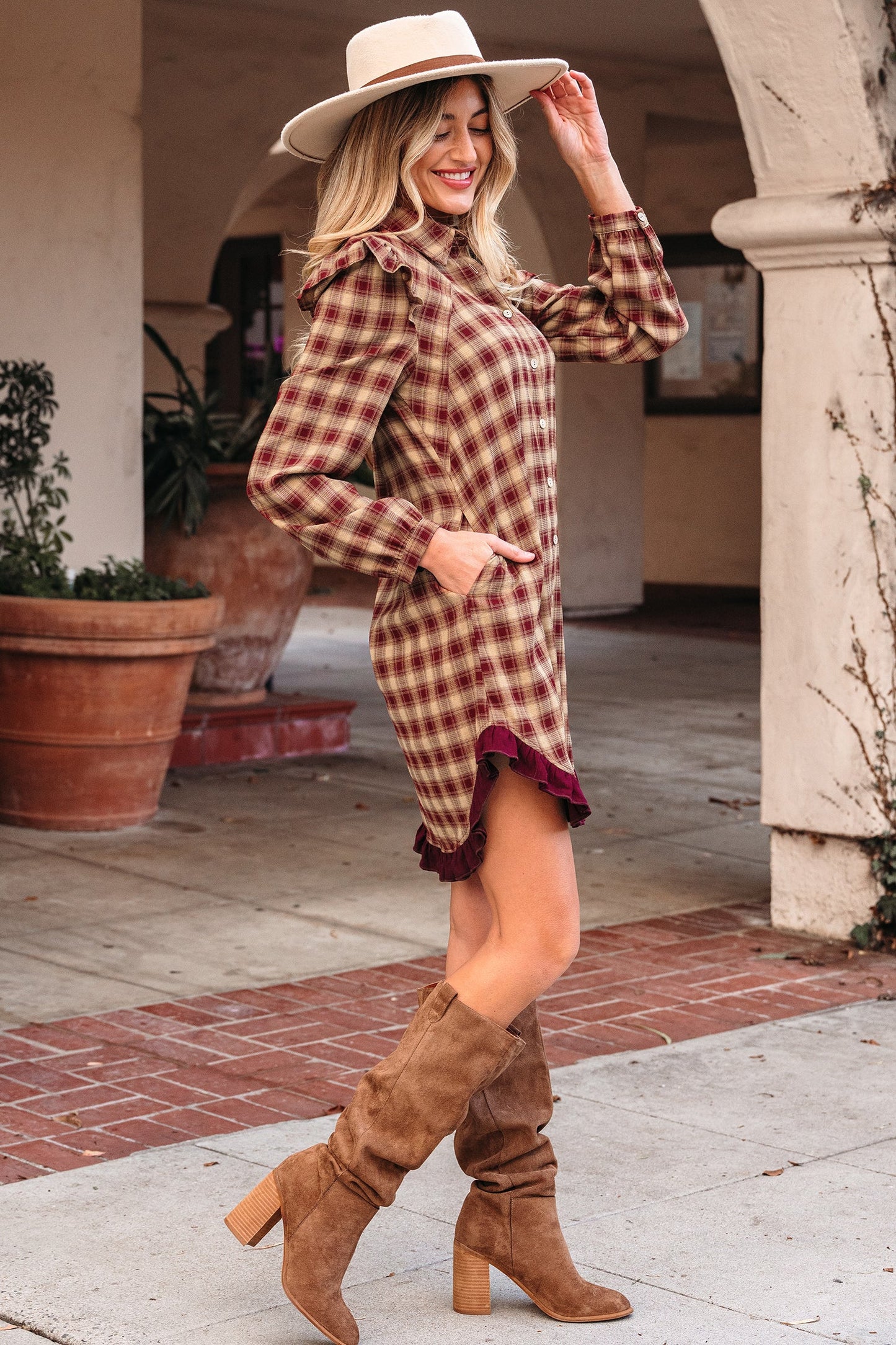Plaid Patchwork Ruffle Hem Long Sleeve Mini Dress