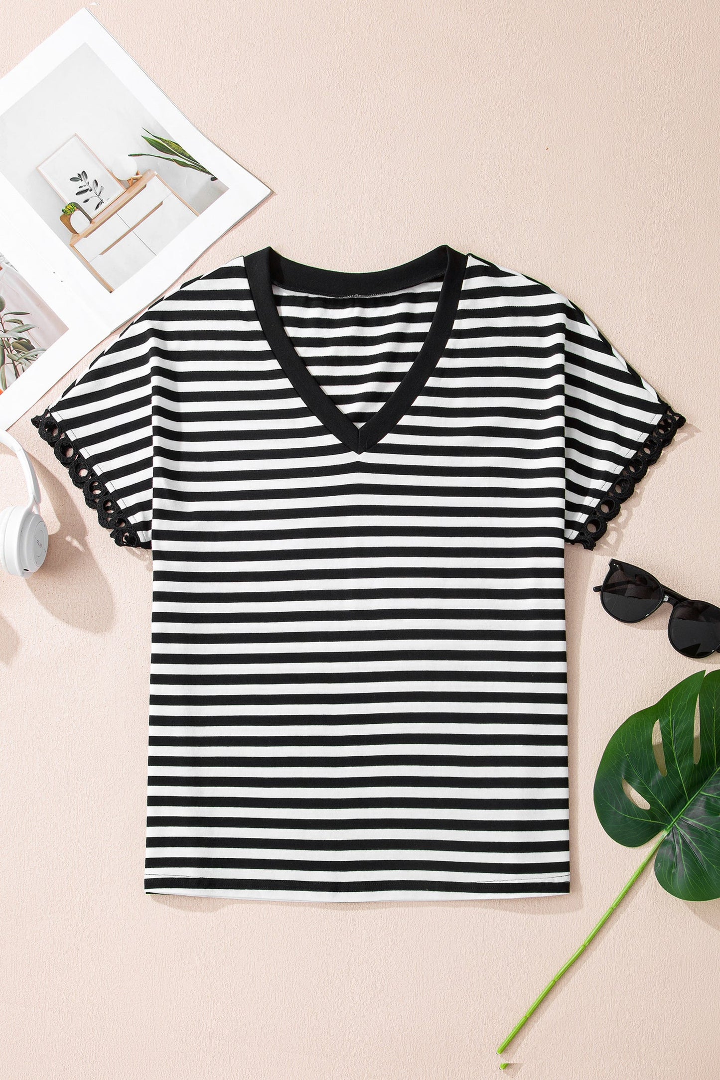 Stripe V-Neck Delicate Trim Casual Tee