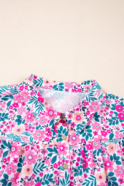 Plus Size Floral Half-Button Puff Sleeve Dress