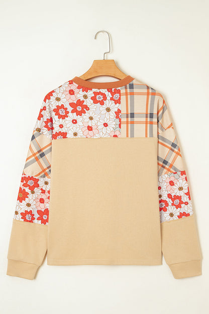 Floral Plaid Patchwork Long Sleeve Henley Top