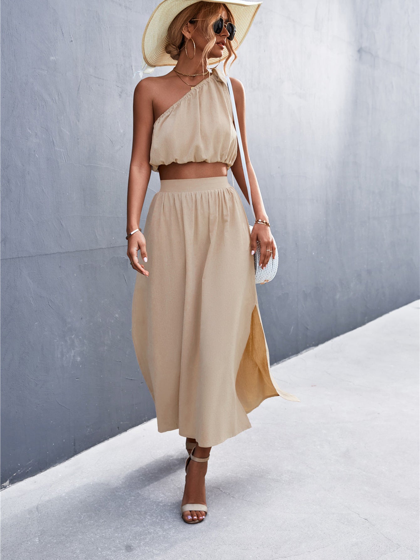Oblique Shoulder Lace-Up Vest Slit Skirt Suit