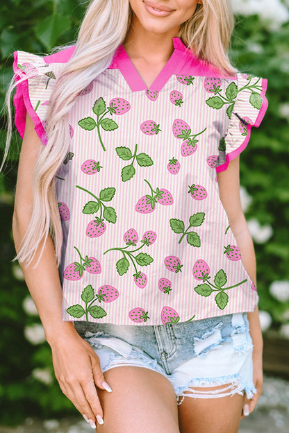 Stripe Strawberry V-Neck Flutter Sleeve Blouse
