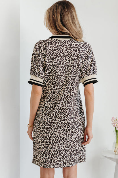 Leopard Zip Neck Stripe Webbing Patchwork Mini Dress