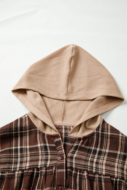 Plaid Quarter-Button Patchwork Long Sleeve Hooded Blouse