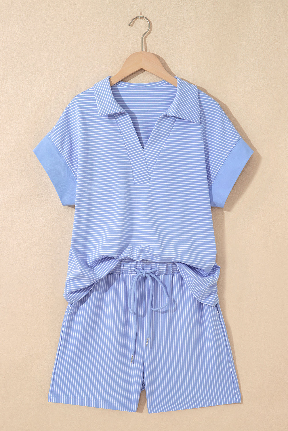 Stripe Dolman Polo Shirt & Drawstring Shorts Set