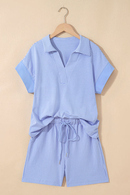 Stripe Dolman Polo Shirt & Drawstring Shorts Set