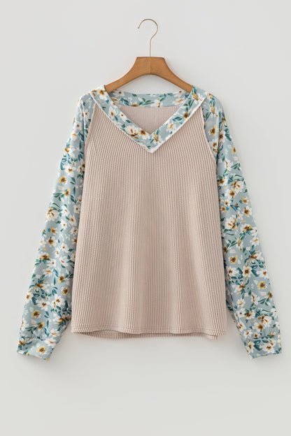 Floral Ribbed Contrast Patchwork Long Sleeve Top