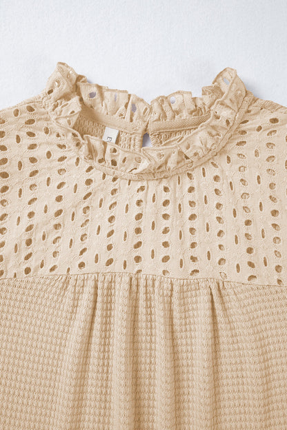 Eyelet Embroidered Patchwork Textured Ruffle Neck Blouse