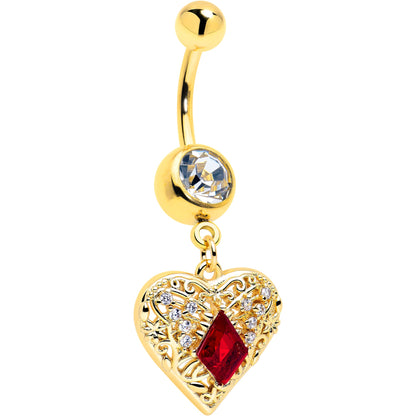 Red CZ Gem Gold Tone Heart Queen Dangle Belly Ring