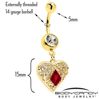 Red CZ Gem Gold Tone Heart Queen Dangle Belly Ring