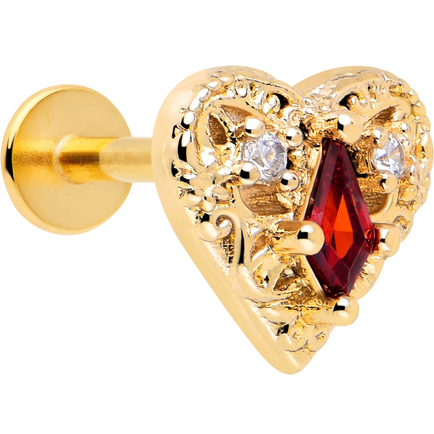 16G 1/4 Red CZ Gem Gold Tone Heart Queen Flatback Stud