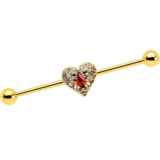14G Red CZ Gem Gold Tone Heart Queen Industrial Barbell 38mm