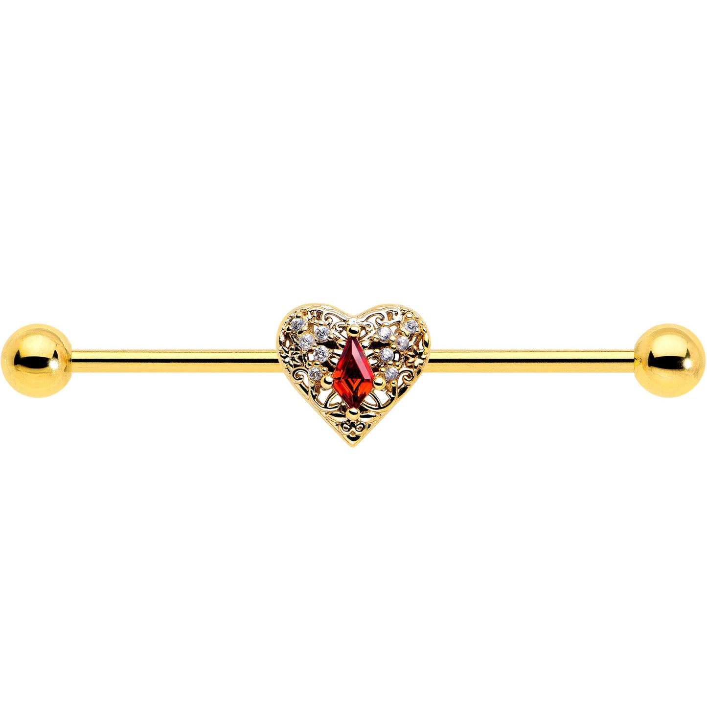 14G Red CZ Gem Gold Tone Heart Queen Industrial Barbell 38mm