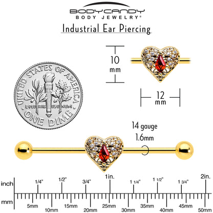 14G Red CZ Gem Gold Tone Heart Queen Industrial Barbell 38mm