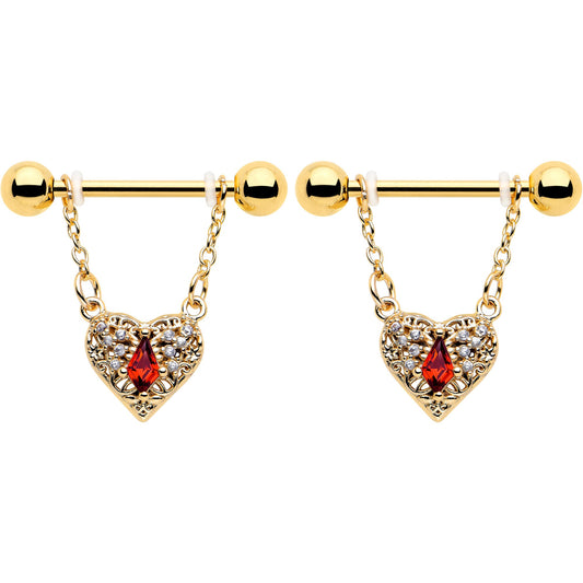 14G 9/16 Red CZ Gem Gold Tone Heart Queen Dangle Nipple Ring Set