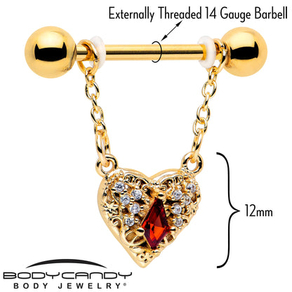 14G 9/16 Red CZ Gem Gold Tone Heart Queen Dangle Nipple Ring Set
