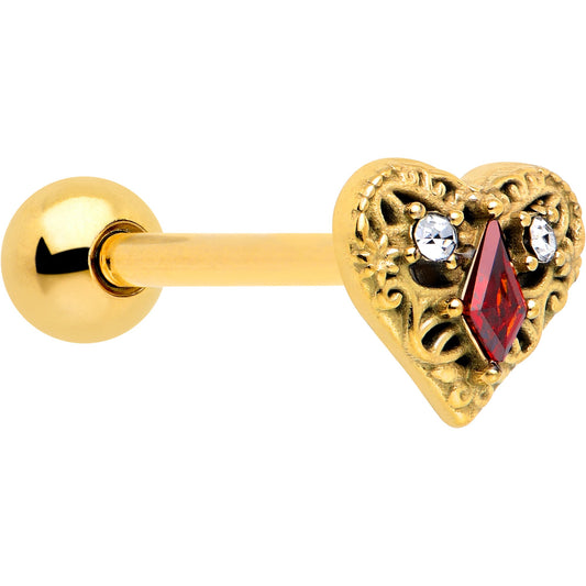 Red CZ Gem Gold Tone Heart Queen Barbell Tongue Ring