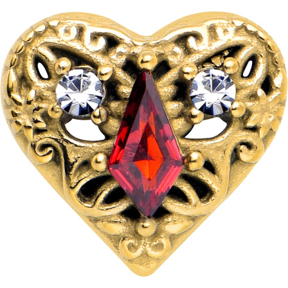 Red CZ Gem Gold Tone Heart Queen Barbell Tongue Ring