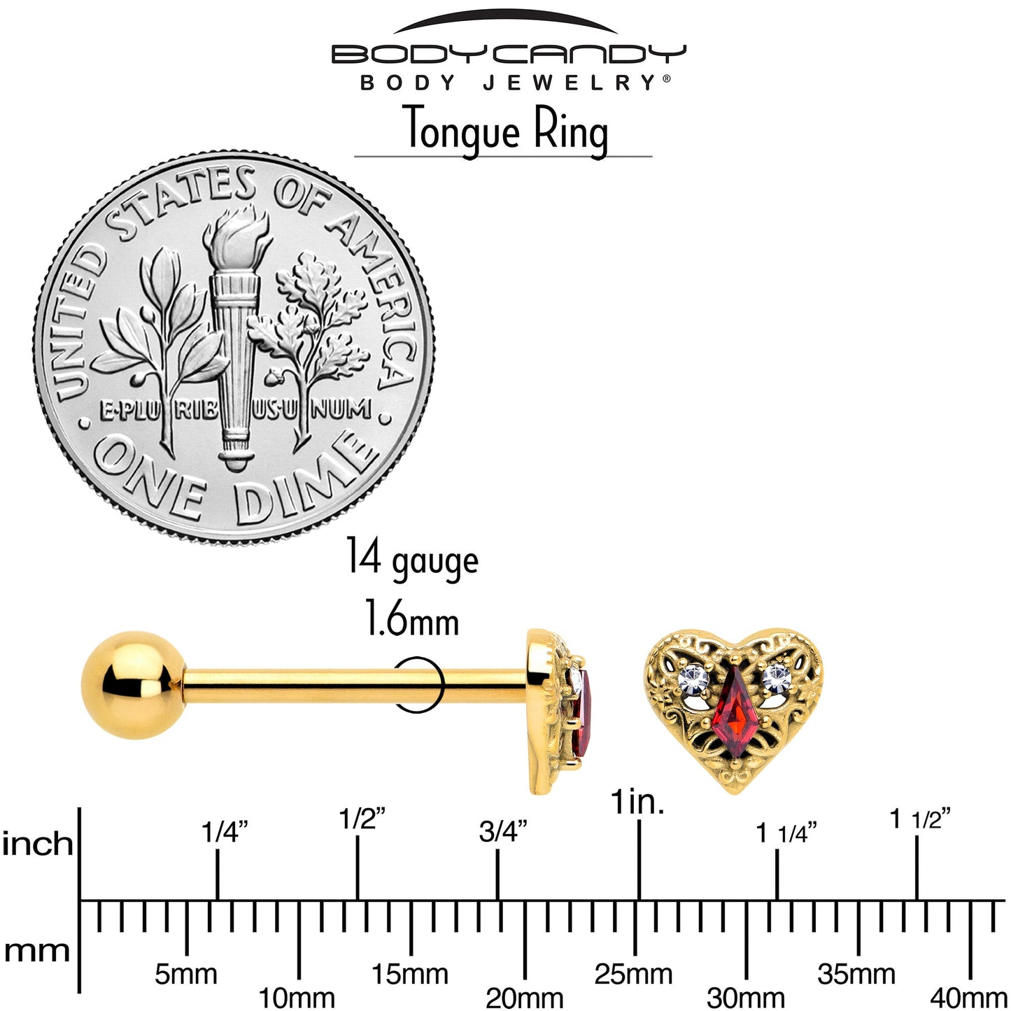 Red CZ Gem Gold Tone Heart Queen Barbell Tongue Ring