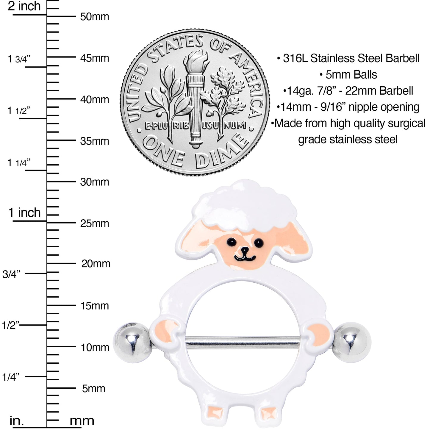 14G 9/16 Sweetheart Sheep White Nipple Shield Set