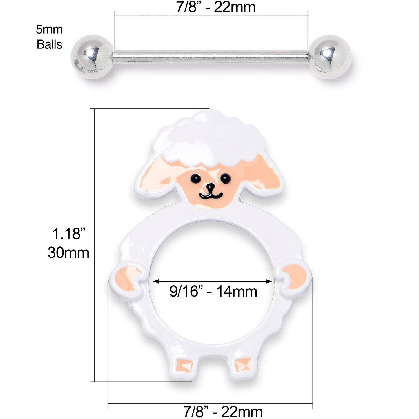 14G 9/16 Sweetheart Sheep White Nipple Shield Set