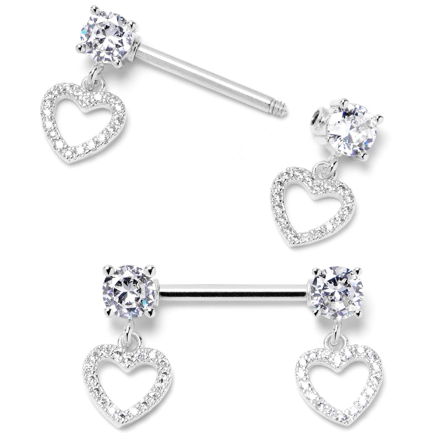 14G 9/16 Clear CZ Gem Paved Heart Dangle Nipple Ring Set
