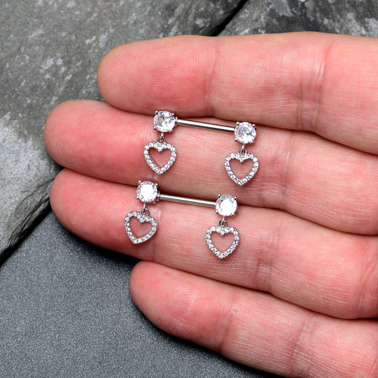 14G 9/16 Clear CZ Gem Paved Heart Dangle Nipple Ring Set