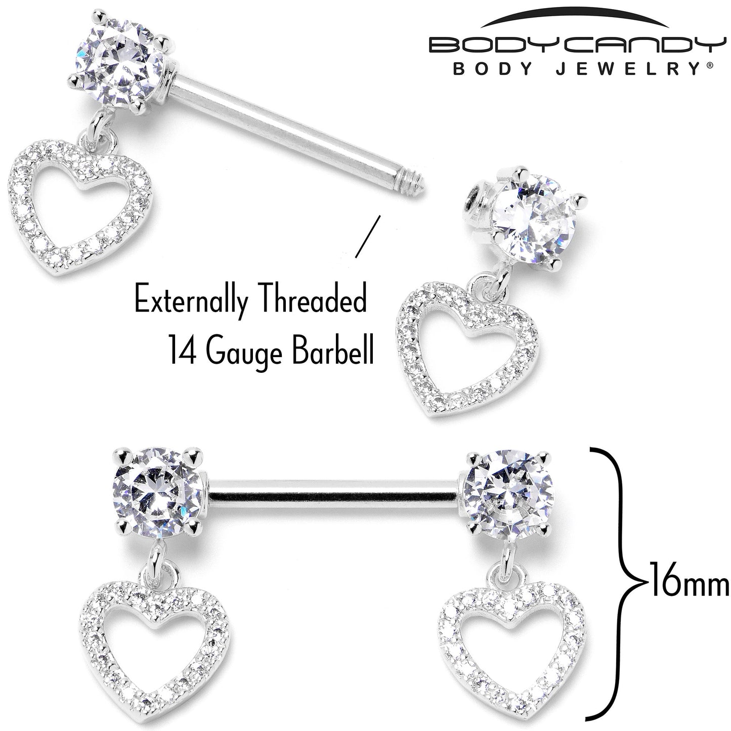 14G 9/16 Clear CZ Gem Paved Heart Dangle Nipple Ring Set