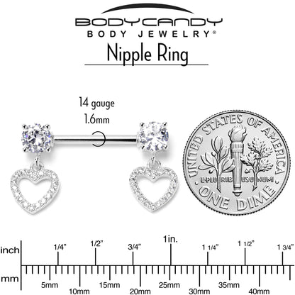 14G 9/16 Clear CZ Gem Paved Heart Dangle Nipple Ring Set
